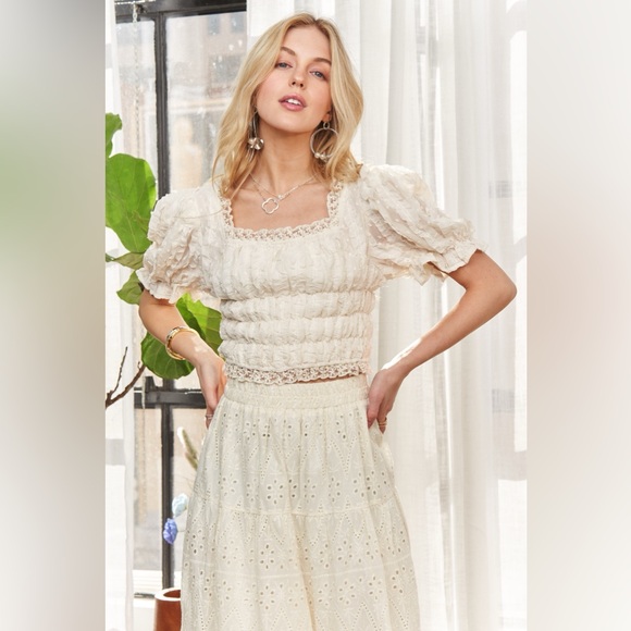 ADORA Lace Smocked Waist Peasant Top - Picture 14 of 16